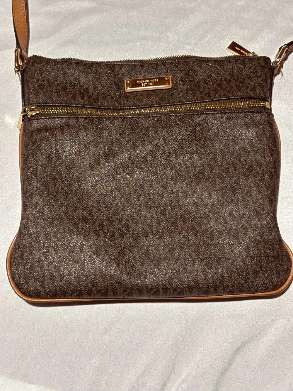 Michael Kors Jet Set Brown Signature Logo Crossbody Bag Double Zip Shoulder Bag